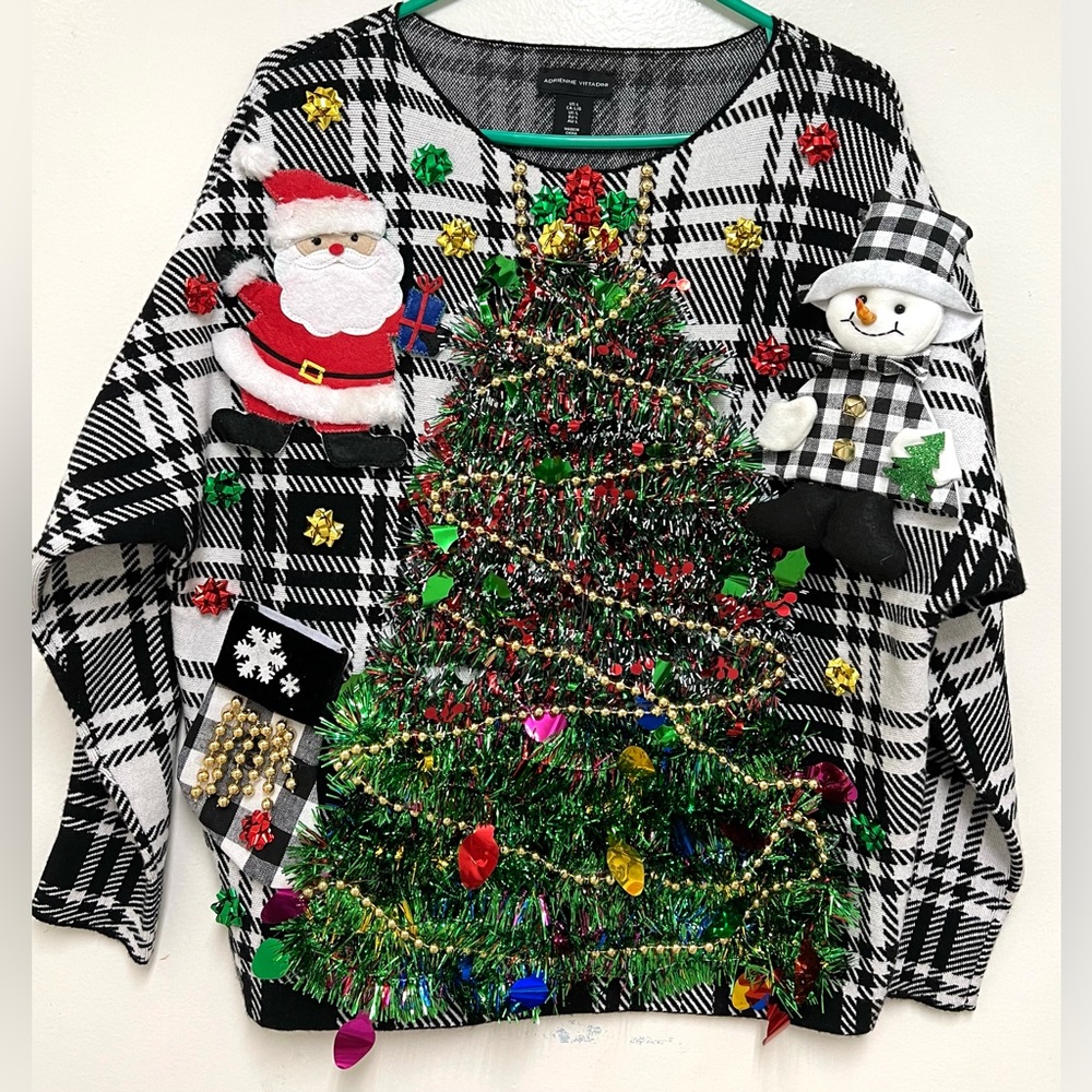 Handmade Decorated Ugly Christmas Tree Sweater Black & White Size L